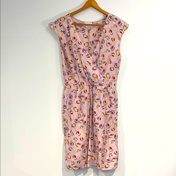 COREY LYNN CALTER Silk Cotton Midi V-Neck Dress Floral Short Sleeve Pockets - Picture 2 of 9